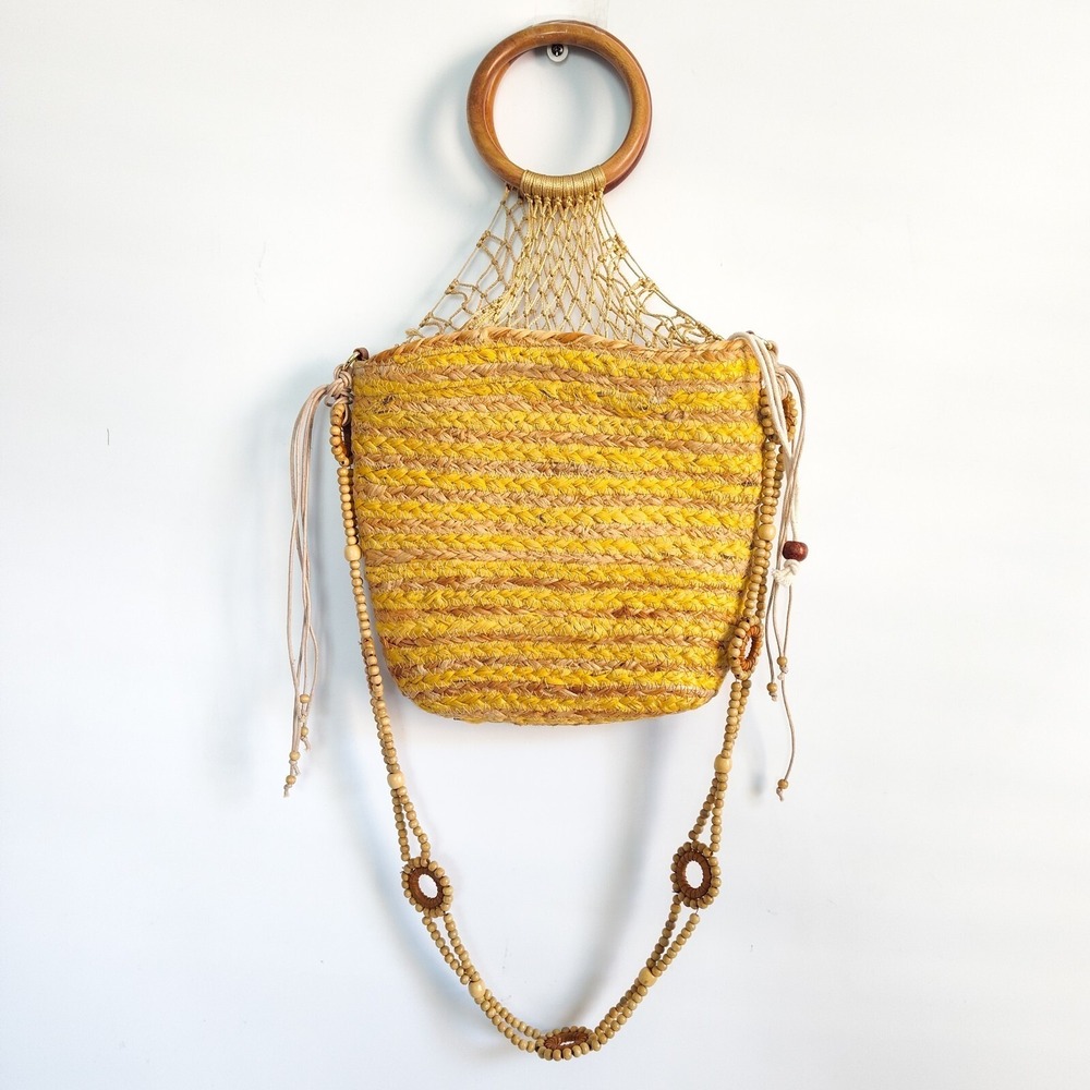 Nanette Lepore Bag Handbag Jute Boho Woven Lined Round Wood Handles Clementine